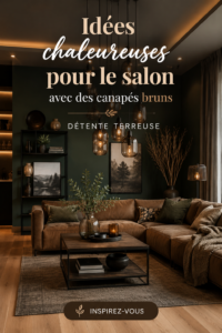 Un salon cosy avec un canapé marron entouré de décorations chaleureuses