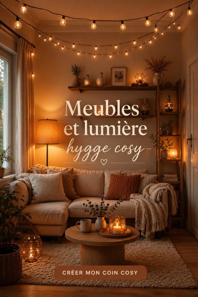 Salon cosy avec meubles en bois et lumière douce pour un effet hygge