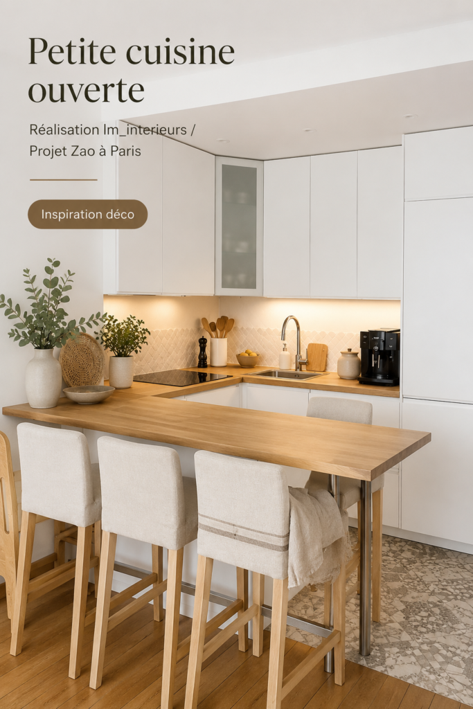 Cuisine ouverte petite et moderne à Paris avec des meubles astucieux.