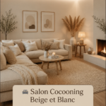 Salon cocooning avec un décor beige et blanc, chaleureux et accueillant.