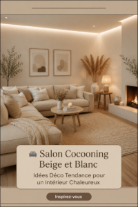 Salon cocooning avec un décor beige et blanc, chaleureux et accueillant.