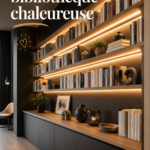 Un coin lecture cosy avec des étagères remplies de livres et un fauteuil confortable.