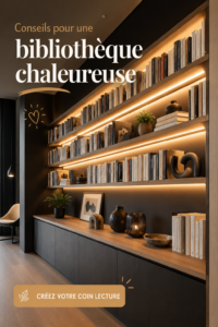 Un coin lecture cosy avec des étagères remplies de livres et un fauteuil confortable.