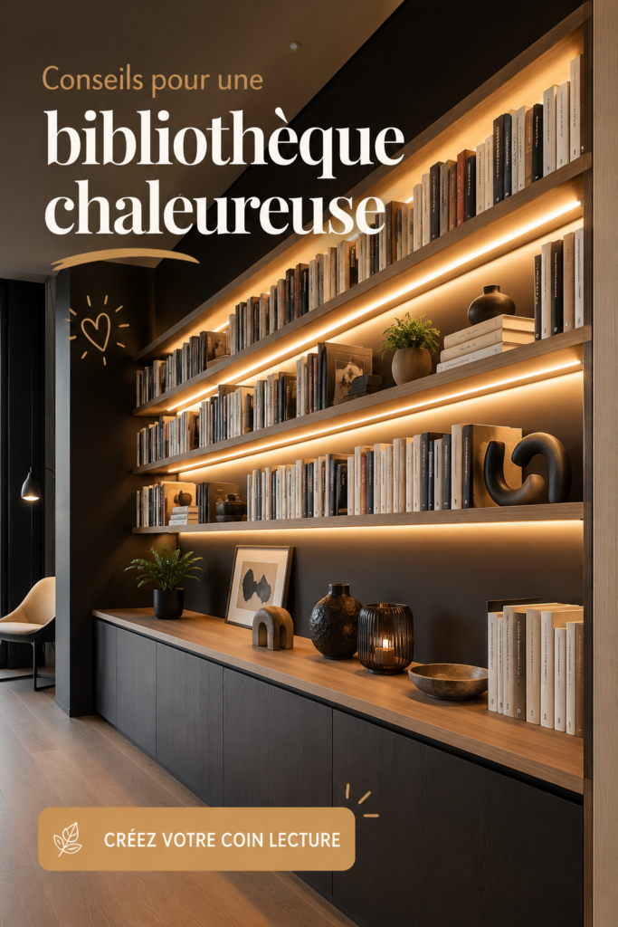 Un coin lecture cosy avec des étagères remplies de livres et un fauteuil confortable.