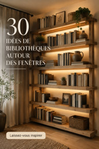 Bibliothèque lumineuse aménagée autour d'une fenêtre avec des livres et objets décoratifs.