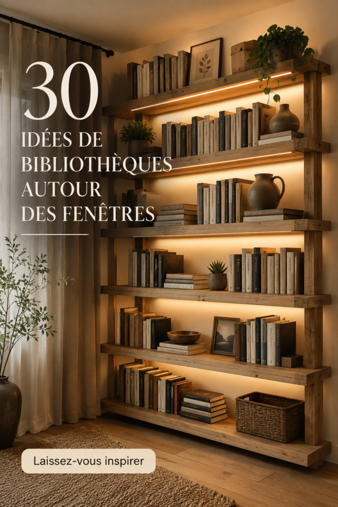 Bibliothèque lumineuse aménagée autour d'une fenêtre avec des livres et objets décoratifs.