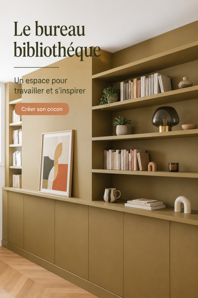 Bureau bibliothèque aménagé avec goût, alliant rangement et confort, idéal pour travailler