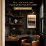 Un bureau masculin élégant avec un agencement audacieux et fonctionnel.