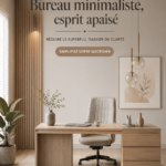 Bureau minimaliste avec des couleurs apaisantes et bien organisé.