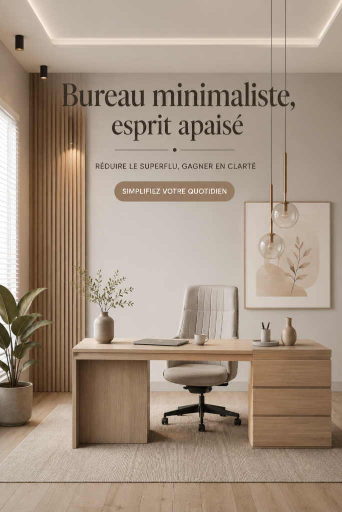 Bureau minimaliste avec des couleurs apaisantes et bien organisé.