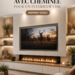 Salon moderne avec cheminée sous la télévision, créant une atmosphère chaleureuse et chic.