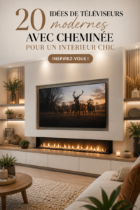 Salon moderne avec cheminée sous la télévision, créant une atmosphère chaleureuse et chic.