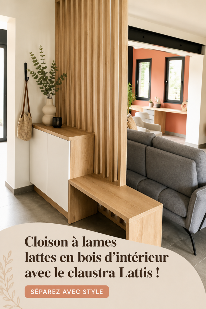 Cloison en bois claustra Lattis intégrée dans un salon moderne