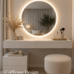 Coiffeuse moderne en bois blanc avec miroir et rangements, dans une belle chambre féminine.
