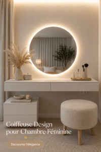 Coiffeuse moderne en bois blanc avec miroir et rangements, dans une belle chambre féminine.
