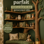 Un coin lecture aménagé dans une chambre d'enfant, avec des coussins colorés et des étagères de livres.