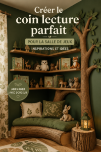 Un coin lecture aménagé dans une chambre d'enfant, avec des coussins colorés et des étagères de livres.