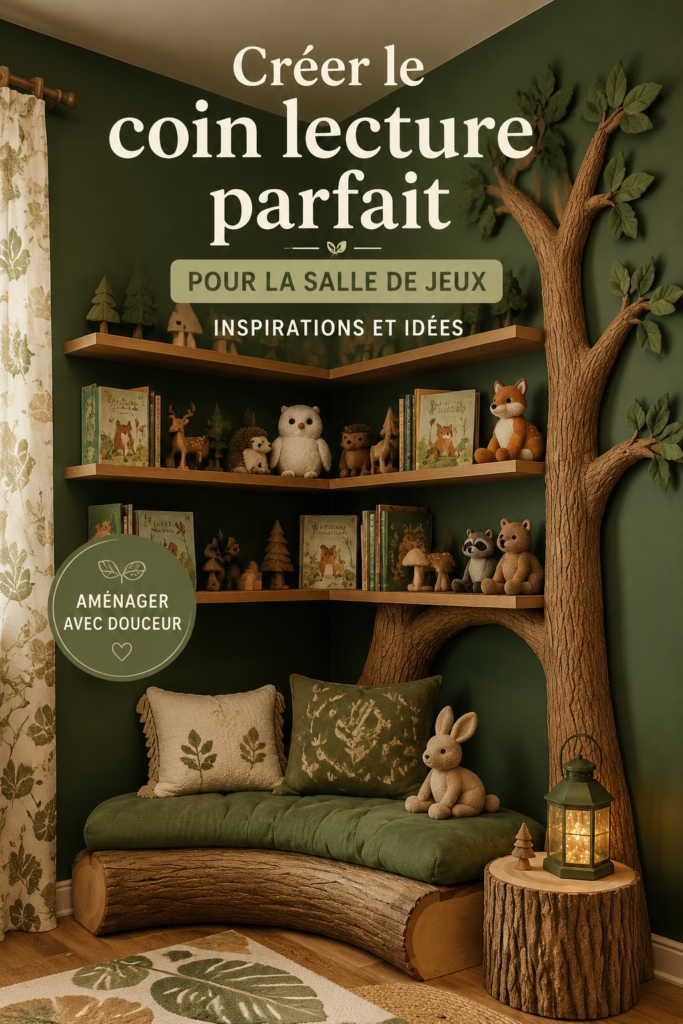Un coin lecture aménagé dans une chambre d'enfant, avec des coussins colorés et des étagères de livres.