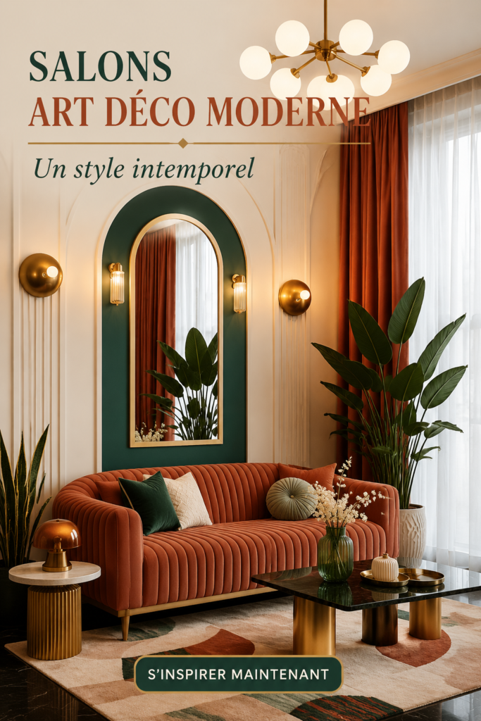 Un salon chic décoré dans un style art déco moderne.