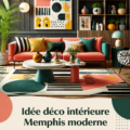 Un salon décoré dans un style Memphis moderne coloré et accueillant.
