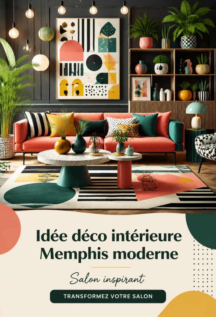 Un salon décoré dans un style Memphis moderne coloré et accueillant.