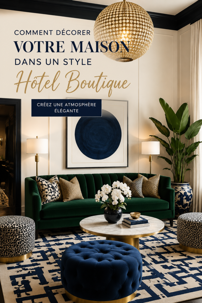 Intérieur d'une maison décorée dans un style boutique hôtel avec meuble chic et couleurs chaleureuses.