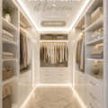Dressing blanc moderne en U, lumineux et bien organisé