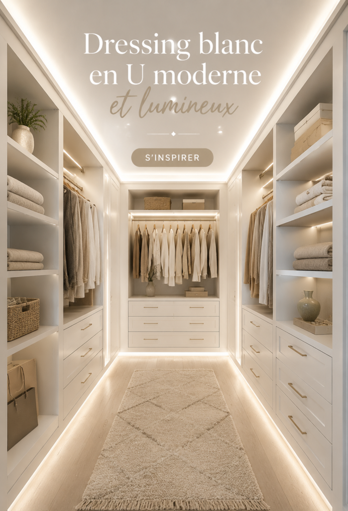 Dressing blanc moderne en U, lumineux et bien organisé