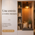 Entrée maison chaleureuse avec des couleurs douces et des éléments de rangement stylés