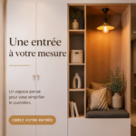 Entrée maison chaleureuse avec des couleurs douces et des éléments de rangement stylés
