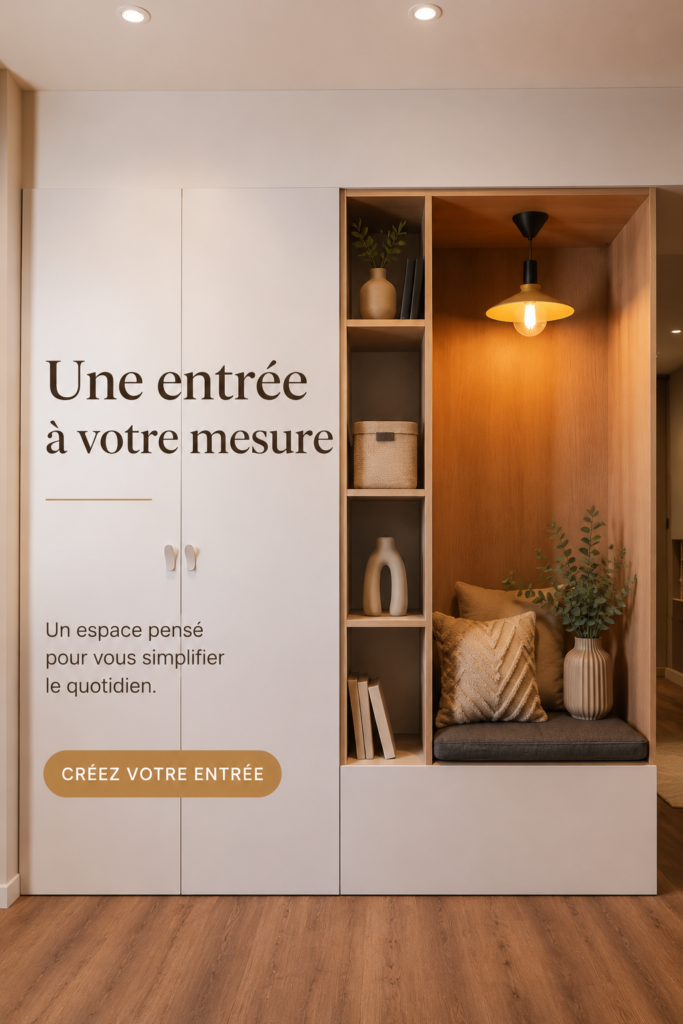 Entrée maison chaleureuse avec des couleurs douces et des éléments de rangement stylés