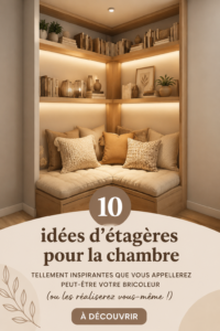 Une chambre à coucher bien rangée avec des étagères décoratives.