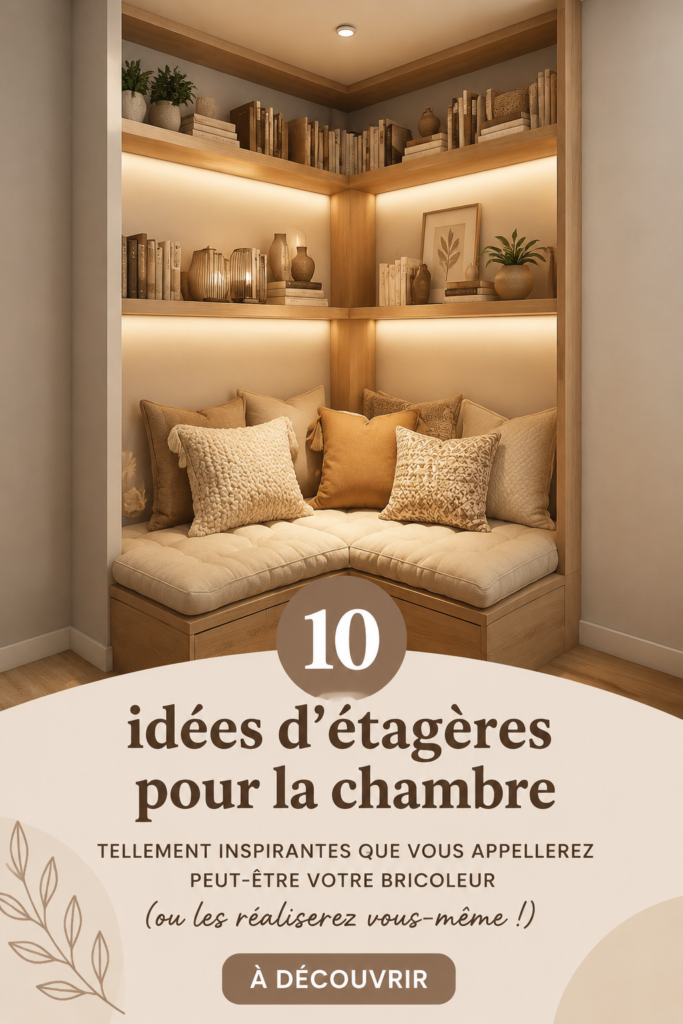 Une chambre à coucher bien rangée avec des étagères décoratives.