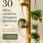 Une belle étagère en bois installée dans un jardin ensoleillé, remplie de plantes en pot et d'objets décoratifs.