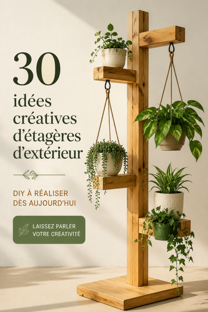 Une belle étagère en bois installée dans un jardin ensoleillé, remplie de plantes en pot et d'objets décoratifs.