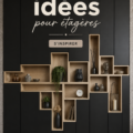Étagères décorées avec des livres et des objets design, dans un salon moderne et chaleureux.