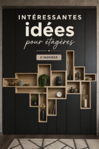 Étagères décorées avec des livres et des objets design, dans un salon moderne et chaleureux.