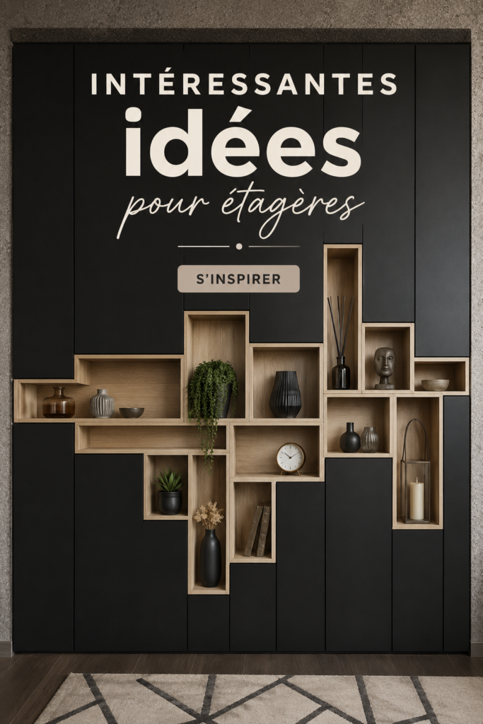 Étagères décorées avec des livres et des objets design, dans un salon moderne et chaleureux.