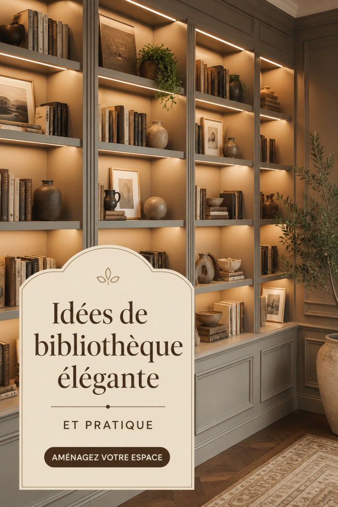 Une bibliothèque élégante et pratique avec des étagères modernisées et un coin lecture confortable, idéale pour un intérieur chaleureux.
