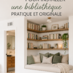 Bibliothèque moderne et originale intégrée dans un salon chaleureux.