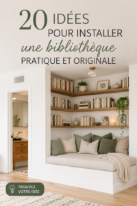 Bibliothèque moderne et originale intégrée dans un salon chaleureux.