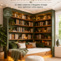 Un coin lecture accueillant avec une étagère remplie de livres et un fauteuil confortable, baigné de lumière naturelle.