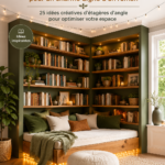 Un coin lecture accueillant avec une étagère remplie de livres et un fauteuil confortable, baigné de lumière naturelle.