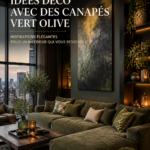 Salon élégant avec un canapé vert olive et des décorations chaleureuses.