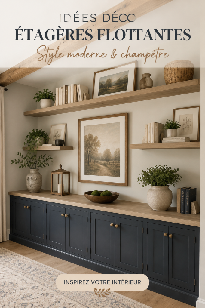 Salon avec étagères flottantes décorées de manière chic