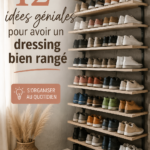 Dressing bien organisé avec des vêtements suspendus et des accessoires décoratifs.