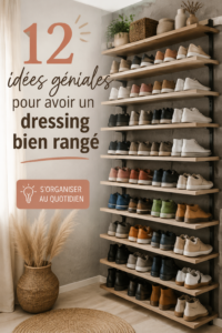 Dressing bien organisé avec des vêtements suspendus et des accessoires décoratifs.