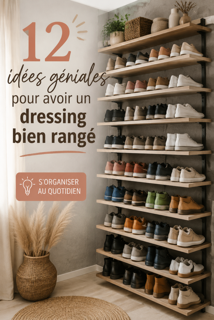 Dressing bien organisé avec des vêtements suspendus et des accessoires décoratifs.