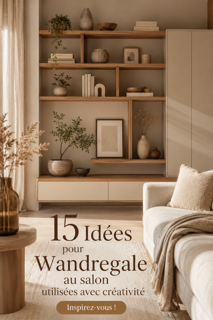 Étagères décoratives dans un salon moderne avec des plantes et des livres.