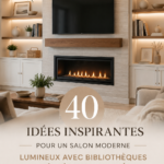Un salon moderne et lumineux avec des étagères encastrées et une cheminée.